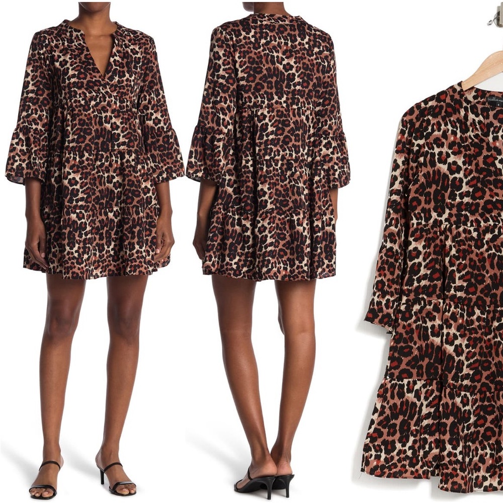 Wishlist Tiered Bell Sleeve Leopard Print Dress